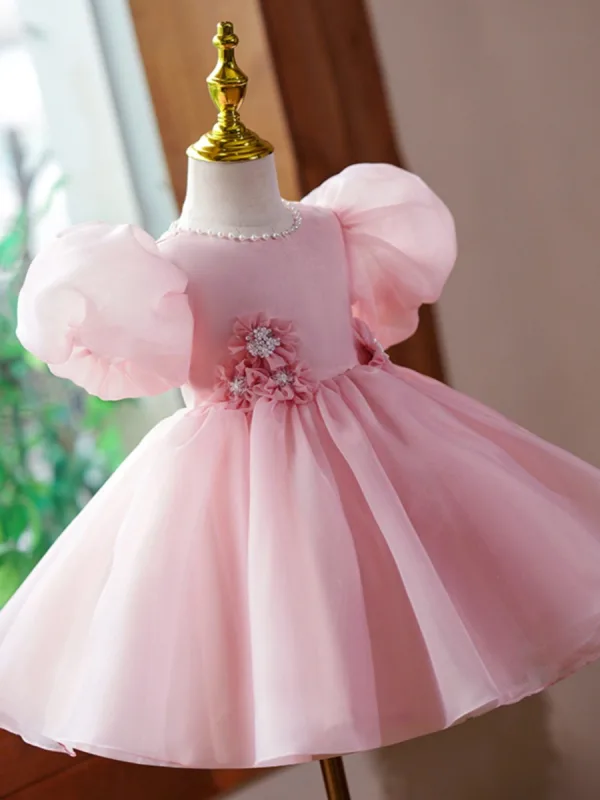 Lovely Blushing Pink Birthday Pearl Flower Girl Dresses 2023 Ball Gown Scoop Neck Puffy Short Sleeve Bow