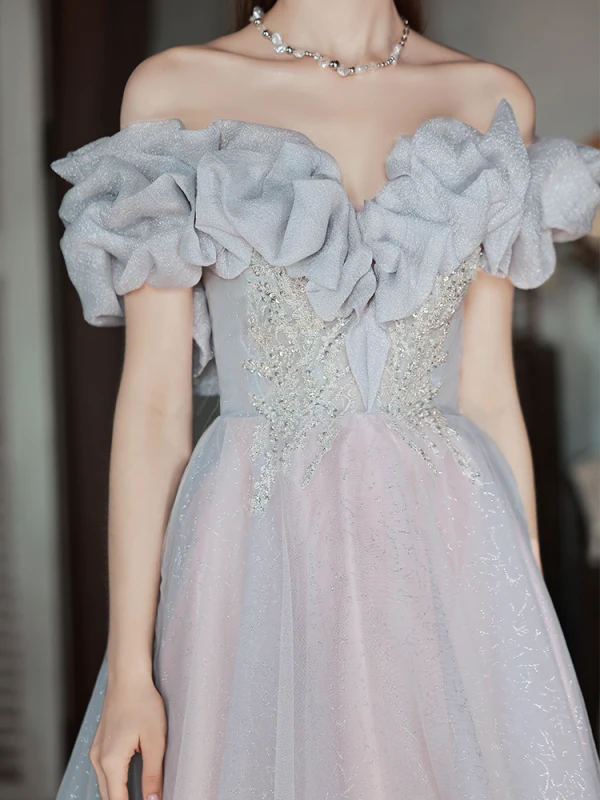 Chic / Belle Gris Paillettes Robe De Bal 2022 Princesse De l'épaule Volants Manches Courtes Dos Nu Longue Promo Robe De Ceremonie