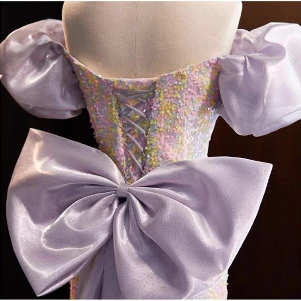 Mode Lavande Paillettes Robe De Soirée 2023 Trompette / Sirène De l'épaule Manches Courtes Dos Nu Noeud Train De Balayage Promo Robe De Ceremonie