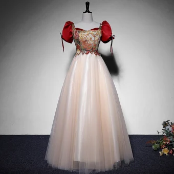 Élégant Bordeaux Robe De Bal 2022 Princesse Encolure Carrée Gonflée Manches Courtes Impression Dos Nu Noeud Longue Robe De Ceremonie