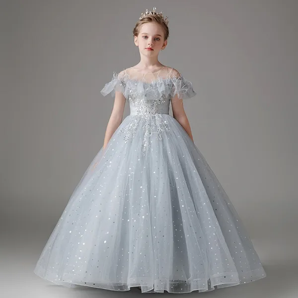 Chic / Beautiful Grey Sequins Tassel Birthday Flower Girl Dresses 2024 Ball Gown Scoop Neck Short Sleeve Backless Floor-Length / Long