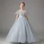 Chic / Beautiful Grey Sequins Tassel Birthday Flower Girl Dresses 2024 Ball Gown Scoop Neck Short Sleeve Backless Floor-Length / Long