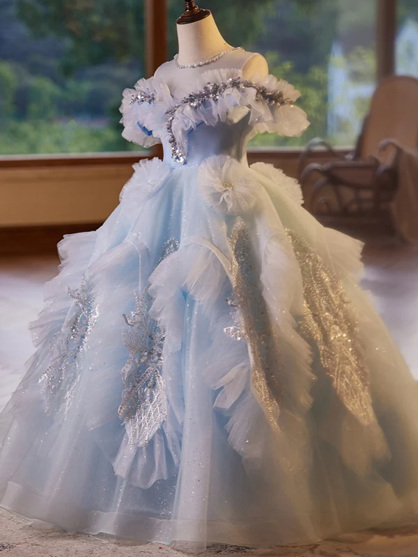 Chic / Beautiful Sky Blue Cascading Ruffles Rhinestone Sequins Birthday Flower Girl Dresses 2024 Ball Gown Scoop Neck Short Sleeve Backless Floor-Length / Long