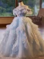 Chic / Beautiful Sky Blue Cascading Ruffles Rhinestone Sequins Birthday Flower Girl Dresses 2024 Ball Gown Scoop Neck Short Sleeve Backless Floor-Length / Long
