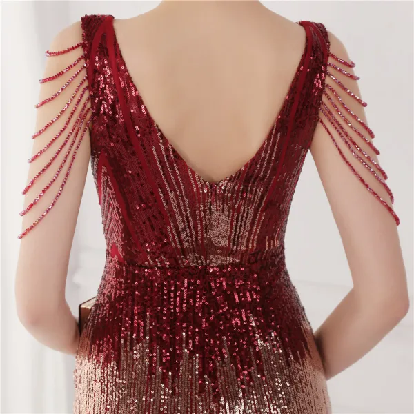 Scintillantes Bordeaux Perlage Paillettes Robe De Soirée 2024 V-Cou Sans Manches Dos Nu Longue Soirée Robe De Ceremonie