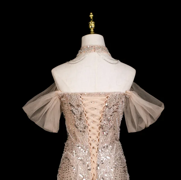 Luxe Scintillantes Champagne Perlage Faux Diamant Paillettes Robe De Soirée 2025 Trompette / Sirène Bustier Sans Manches Dos Nu Train De Balayage Soirée Robe De Ceremonie