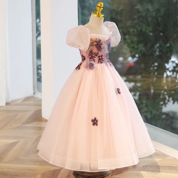 Chic / Beautiful Blushing Pink Sequins Flower Girl Dresses 2023 Ball Gown Square Neckline Puffy Short Sleeve Backless Floor-Length / Long Prom Flower Girl Dresses