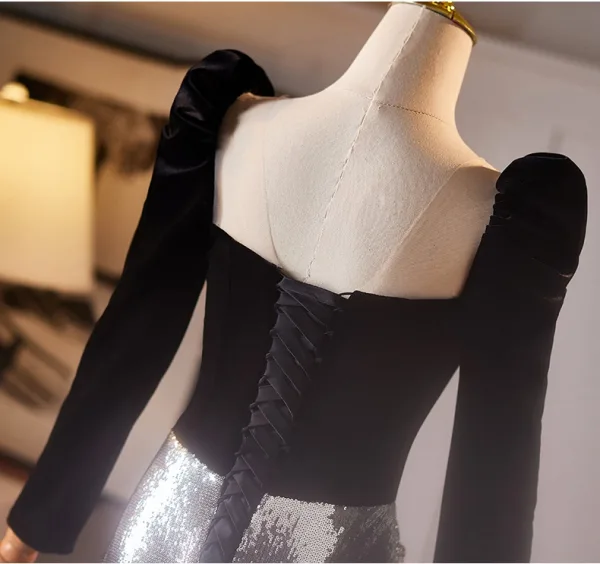 Scintillantes Noire Paillettes Robe De Bal 2025 Trompette / Sirène Encolure Carrée Manches Longues Dos Nu Longue Promo Robe De Ceremonie