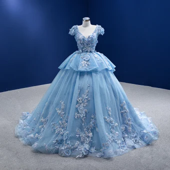 Luxe Bleu Faux Diamant En Dentelle Fleur Appliques Robe De Bal 2022 Robe Boule V Cou Manches Courtes Dos Nu Longue Robe De Ceremonie