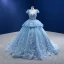 Luxury / Gorgeous Pool Blue Rhinestone Lace Flower Appliques Prom Dresses 2022 Ball Gown V-Neck Short Sleeve Backless Floor-Length / Long Formal Dresses