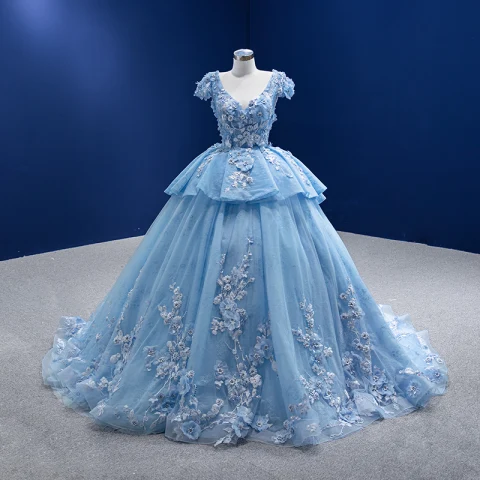 Luxury / Gorgeous Pool Blue Rhinestone Lace Flower Appliques Prom Dresses 2022 Ball Gown V-Neck Short Sleeve Backless Floor-Length / Long Formal Dresses