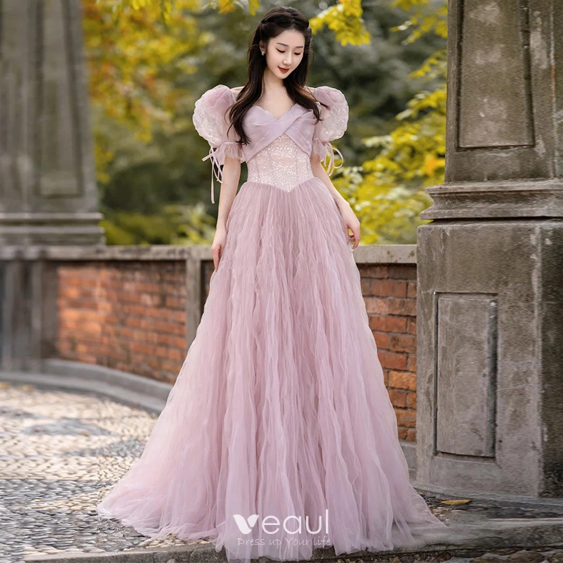 Chic / Beautiful Solid Color Blushing Pink Pleated Sequins Prom Dresses  2023 A-Line / Princess V-Neck Puffy Short Sleeve Backless Bow Floor-Length  / Long Prom Formal Dresses