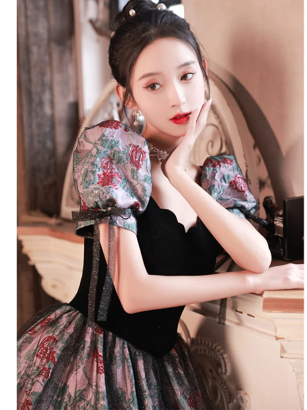 Vintage Retro Black Prom Dresses 2023 A-Line Princess Square Neckline Short Sleeve Long