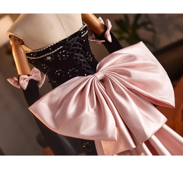 Sexy Noire Faux Diamant Robe De Soirée 2025 Trompette / Sirène Bustier Manches Longues Dos Nu Noeud Longue Soirée Robe De Ceremonie