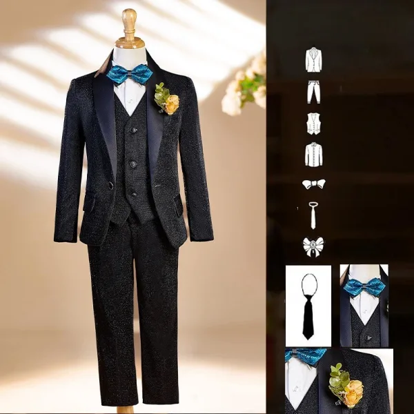 Fall Winter Black Long Sleeve 6-piece Boys Wedding Suits 2025 Body Jewellery Coat Pants Shirt Tie Vest