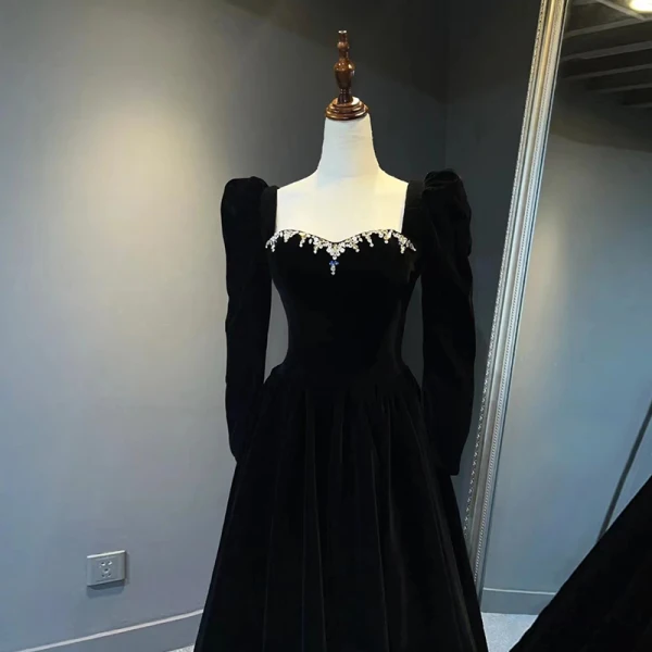 Sexy Black Suede Evening Dresses 2023 A-Line / Princess Strapless Rhinestone Sleeveless Backless Bow Floor-Length / Long Evening Party Formal Dresses