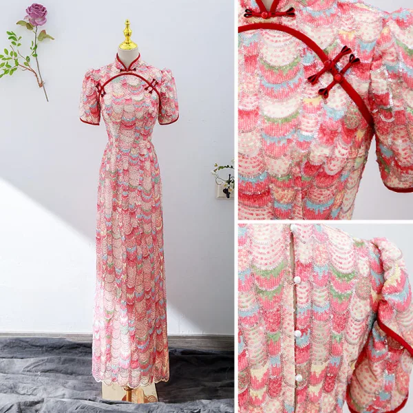 Chinese style Red Beading Tassel Sequins Evening Dresses Cheongsam 2022 Trumpet / Mermaid High Neck Short Sleeve Covered Button Floor-Length / Long Evening Party Cheongsam / Qipao