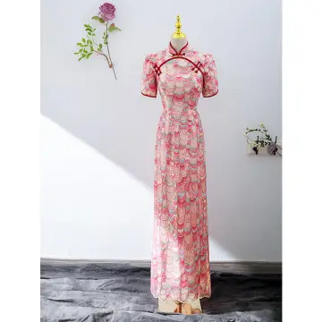 Chinese Stijl Rode Kralen Kwast Pailletten Avondjurken Cheongsam 2022 Trompet Zeemeermin Hoge Kraag Korte Mouwen Beklede Knoop Lange Avond Cheongsam