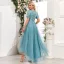 Simple Bleu Paillettes Asymétrique Robe De Bal 2024 Princesse V-Cou Manches Courtes Promo Robe De Ceremonie