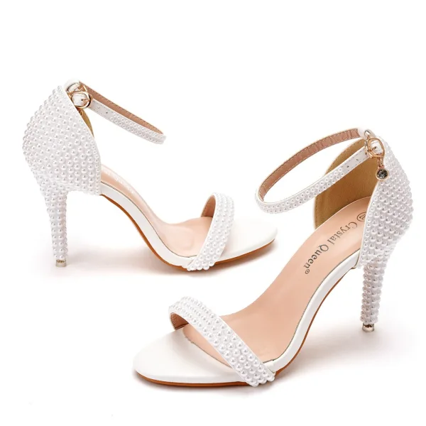 Sexy White Pearl Wedding Shoes 2022 9 cm Stiletto Heels Ankle Strap Open / Peep Toe Wedding Sandals High Heels