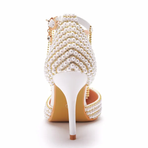 Charming Gold Pearl Rhinestone Wedding Shoes 2023 Ankle Strap 9 cm Stiletto Heels Pointed Toe Wedding High Heels
