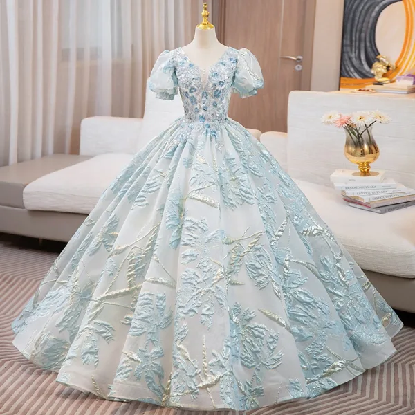 Elegant Gold Sequins Rhinestone Prom Dresses 2024 Ball Gown V-Neck Short Sleeve Backless Floor-Length / Long Prom Formal Dresses