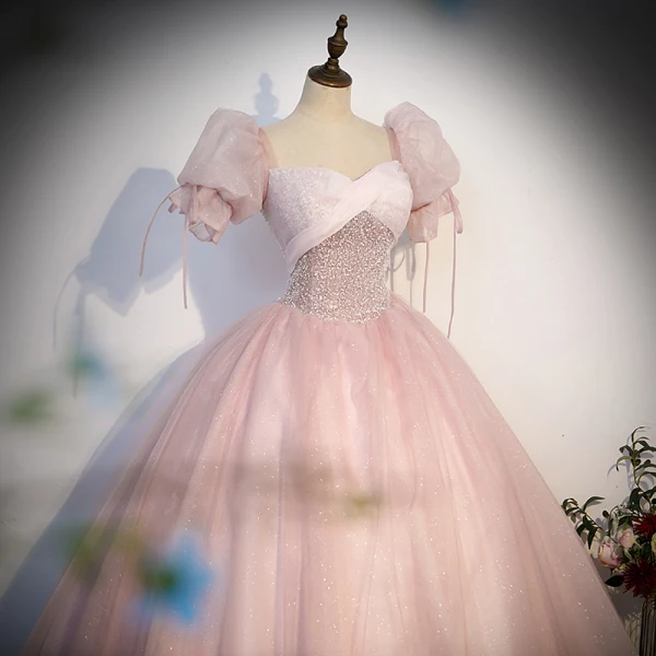 Charmant Rougissant Rose Perlage Paillettes Robe De Bal 2023 Robe Boule Encolure Carrée Manches Courtes Dos Nu Longue Promo Robe De Ceremonie