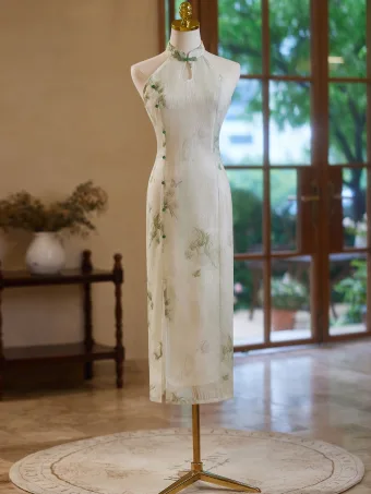 Estilo Chino Verde Salvia Impresión Té De Longitud Cheongsam 2024 Trumpet Mermaid Cuello Alto Sin Mangas