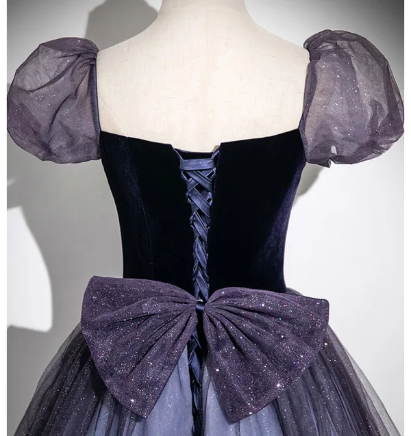 Elegant Purple Sequins Prom Dresses 2025 A-Line / Princess Square Neckline Puffy Short Sleeve Backless Bow Floor-Length / Long Formal Dresses