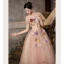 Elegant Blushing Pink Pearl Lace Flower Prom Dresses 2023 A-Line / Princess Square Neckline Short Sleeve Backless Floor-Length / Long Prom Formal Dresses