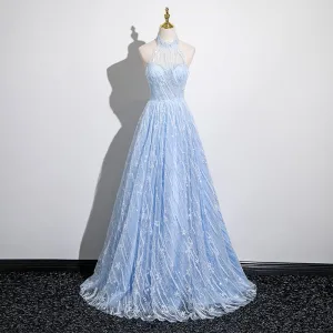 Bling Bling Sky Blue Beading Sequins Prom Dresses 2025 A Line Princess Halter Sleeveless Backless Floor Length Long Prom Formal Dresses
