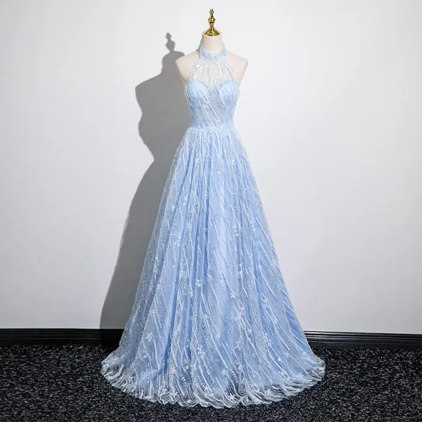 Bling Bling Sky Blue Beading Sequins Prom Dresses 2025 A-Line / Princess Halter Sleeveless Backless Floor-Length / Long Prom Formal Dresses