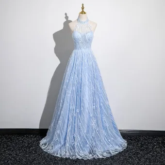 Bling Bling Sky Blue Beading Sequins Prom Dresses 2025 A Line Princess Halter Sleeveless Backless Floor Length Long Prom Formal Dresses