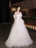 Charming White Lace Flower Wedding Dresses 2024 A-Line / Princess Off-The-Shoulder Short Sleeve Backless Floor-Length / Long