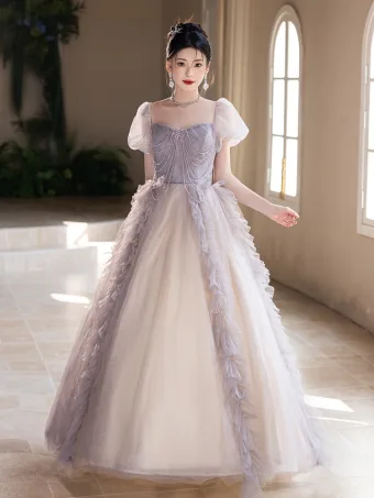 Elegant Grey Beading Prom Dresses 2025 A Line Princess Square Neckline Puffy Short Sleeve Backless Floor Length Long Prom Formal Dresses