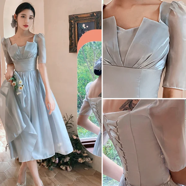 Modest / Simple Grey Bridesmaid Dresses 2022 A-Line / Princess Short Sleeve Backless Floor-Length / Long Bridesmaid Wedding Party Dresses