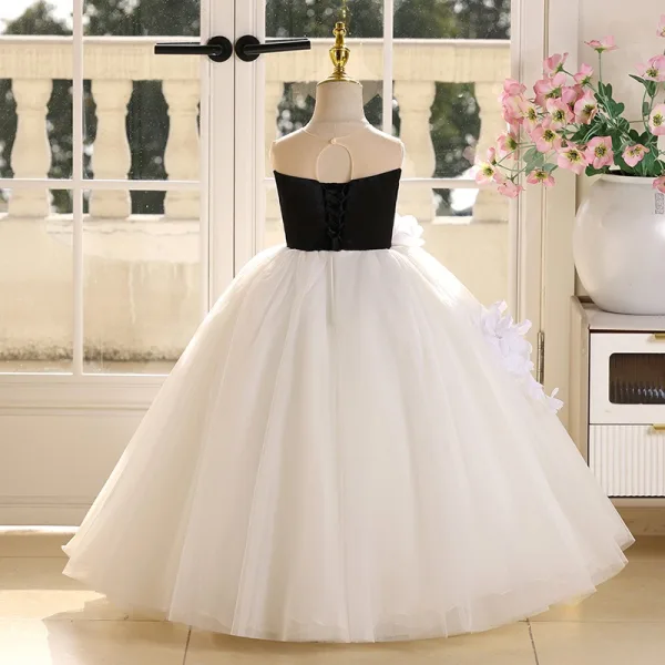 Chic / Beautiful Ivory Appliques Birthday Flower Girl Dresses 2025 Ball Gown Scoop Neck Sleeveless Backless Floor-Length / Long