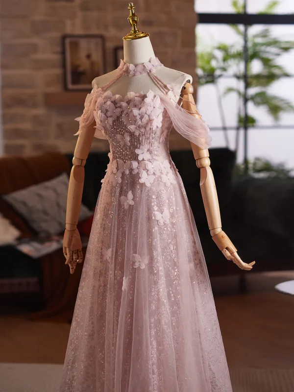 Flower Fairy Blushing Pink Beading Sequins Butterfly Appliques Prom Dresses 2025 A-Line / Princess High Neck Sleeveless Backless Floor-Length / Long Formal Dresses