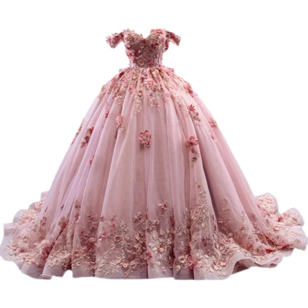 Blumenfee High End Rosa Ballkleider 2022 Ballkleid Off Shoulder Perle Spitze Blumen Applikationen Kurze Ärmel Rückenfreies Hof-Schleppe Festliche Kleider