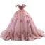 Blumenfee High End Rosa Ballkleider 2022 Ballkleid Off Shoulder Perle Spitze Blumen Applikationen Kurze Ärmel Rückenfreies Hof-Schleppe Festliche Kleider