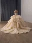 Luxury / Gorgeous Bling Bling Champagne Beading Sequins Lace Flower Cascading Ruffles Wedding Dresses 2026 Ball Gown Strapless Sleeveless Backless Chapel Train