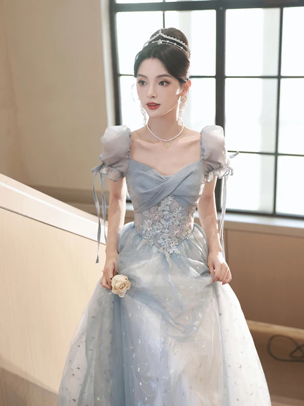 Chic / Beautiful Sky Blue Beading Lace Flower Butterfly Prom Dresses 2023 A-Line / Princess Square Neckline Short Sleeve Backless Floor-Length / Long Prom Formal Dresses