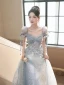 Chic / Beautiful Sky Blue Beading Lace Flower Butterfly Prom Dresses 2023 A-Line / Princess Square Neckline Short Sleeve Backless Floor-Length / Long Prom Formal Dresses