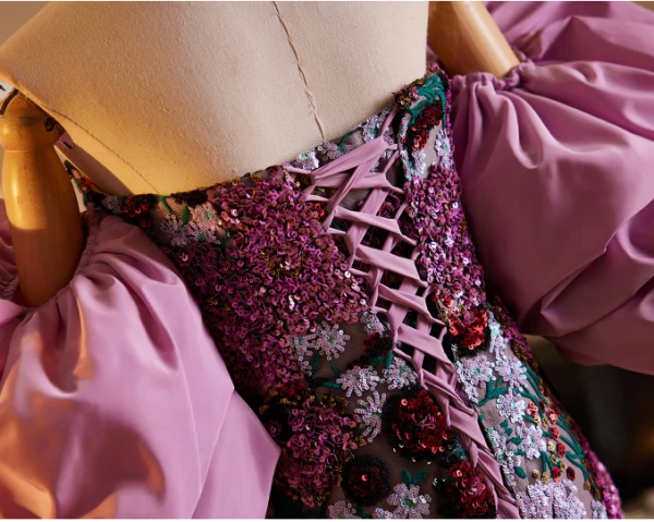 Fantaisie Lilas Paillettes En Dentelle Fleur Robe De Soirée 2024 Trompette / Sirène Bustier Gonflée Manches Courtes Dos Nu Longue Soirée Robe De Ceremonie
