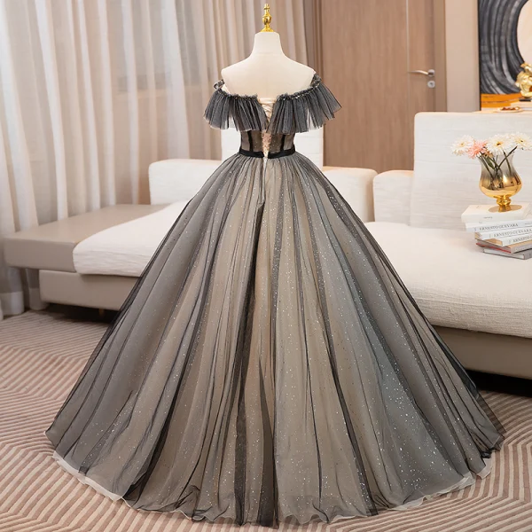 Elegant Black Sequins Lace Flower Prom Dresses 2024 Ball Gown Off-The-Shoulder Sleeveless Backless Bow Sash Floor-Length / Long Prom Formal Dresses