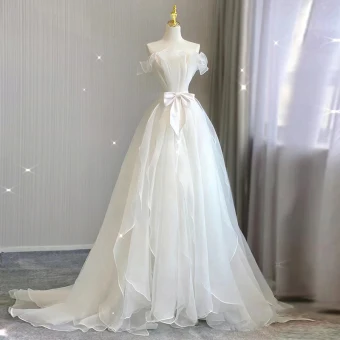 Fashion White Bow Wedding Dresses 2023 A Line Princess Strapless Sleeveless Backless Sweep Train Wedding