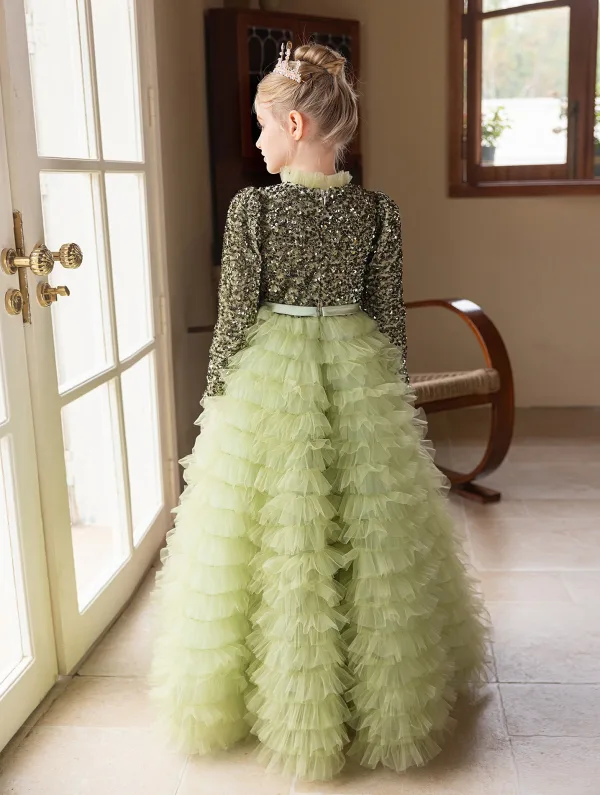 Sparkly Sage Green Cascading Ruffles Sequins Birthday Flower Girl Dresses 2024 A-Line / Princess High Neck Long Sleeve Bow Sash Floor-Length / Long Flower Girl Dresses