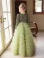 Sparkly Sage Green Cascading Ruffles Sequins Birthday Flower Girl Dresses 2024 A-Line / Princess High Neck Long Sleeve Bow Sash Floor-Length / Long Flower Girl Dresses
