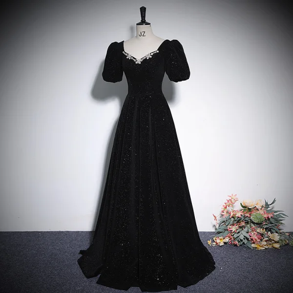 Elegant Black Rhinestone Velvet Evening Dresses 2023 A-Line / Princess V-Neck Short Sleeve Backless Floor-Length / Long Prom Formal Dresses