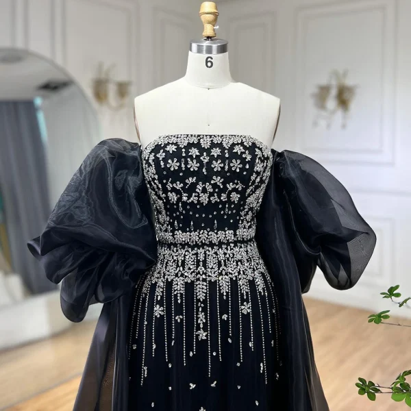 High-end Black Rhinestone Prom Dresses 2024 Empire Strapless Puffy Short Sleeve Backless Floor-Length / Long Prom Formal Dresses